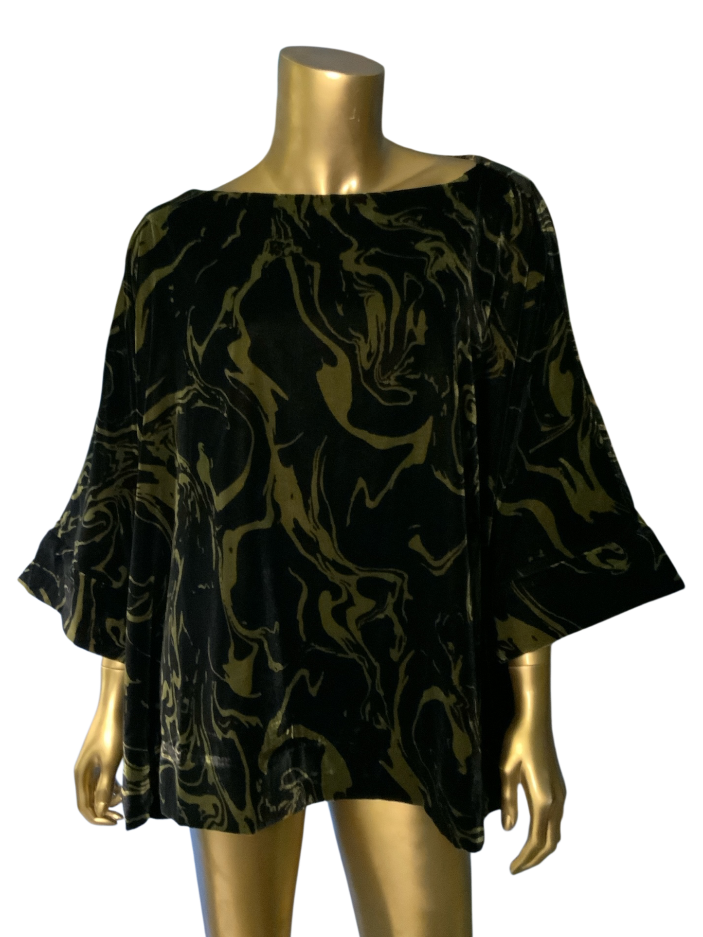Carla Rockmore Collection Black and Gold Swirl Printed Velvet Wide Neck Slouch Top