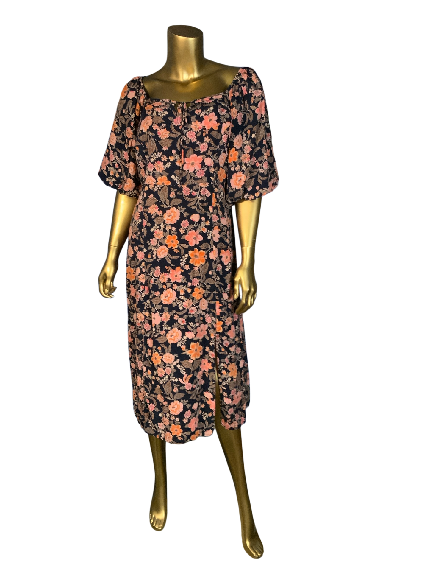 Old Navy Black Floral Puff Sleeve Smocked Midi Dress
