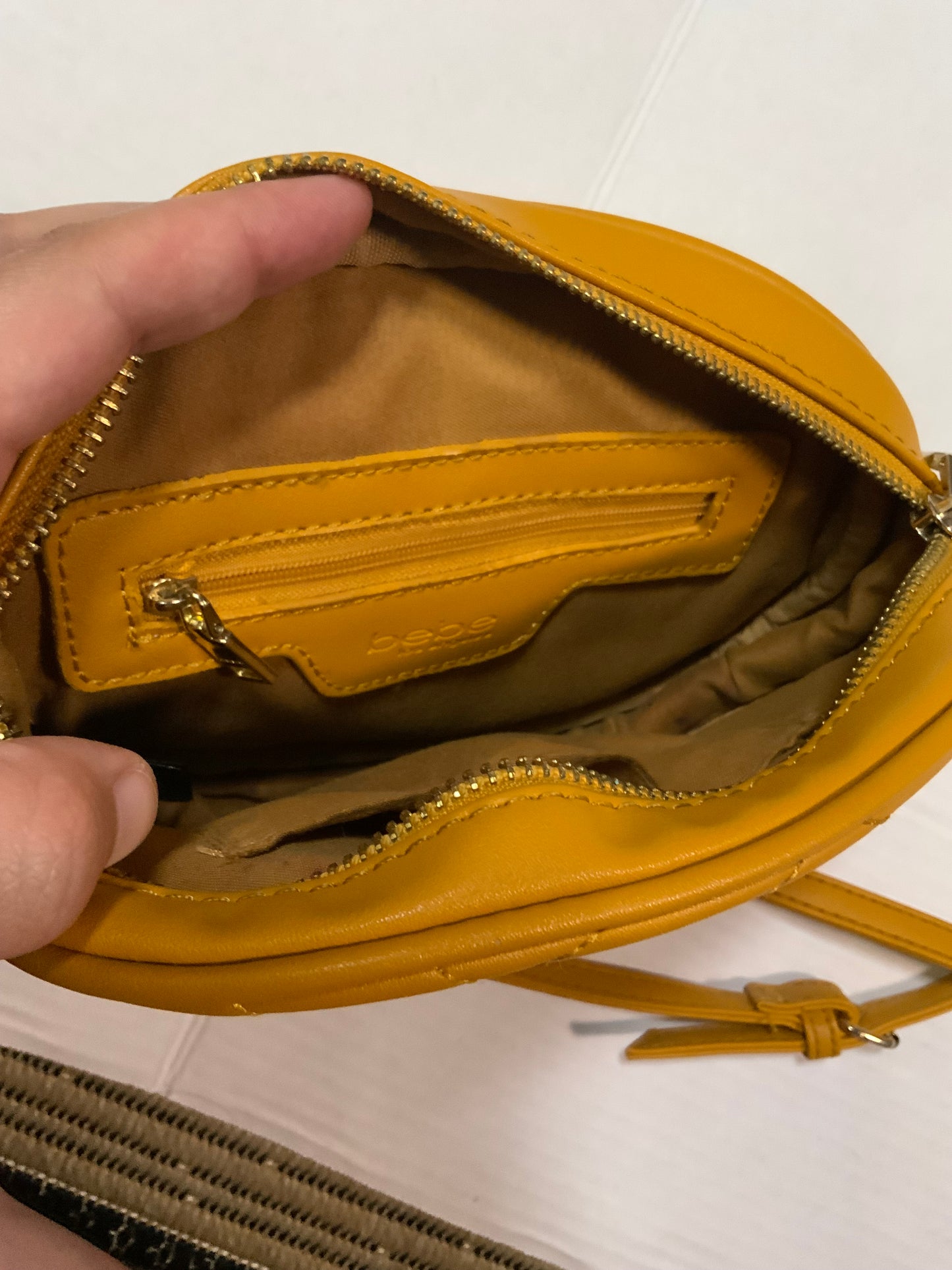 Bebe Los Angeles Mustard Chevron Quilted Oval Crossbody Bag