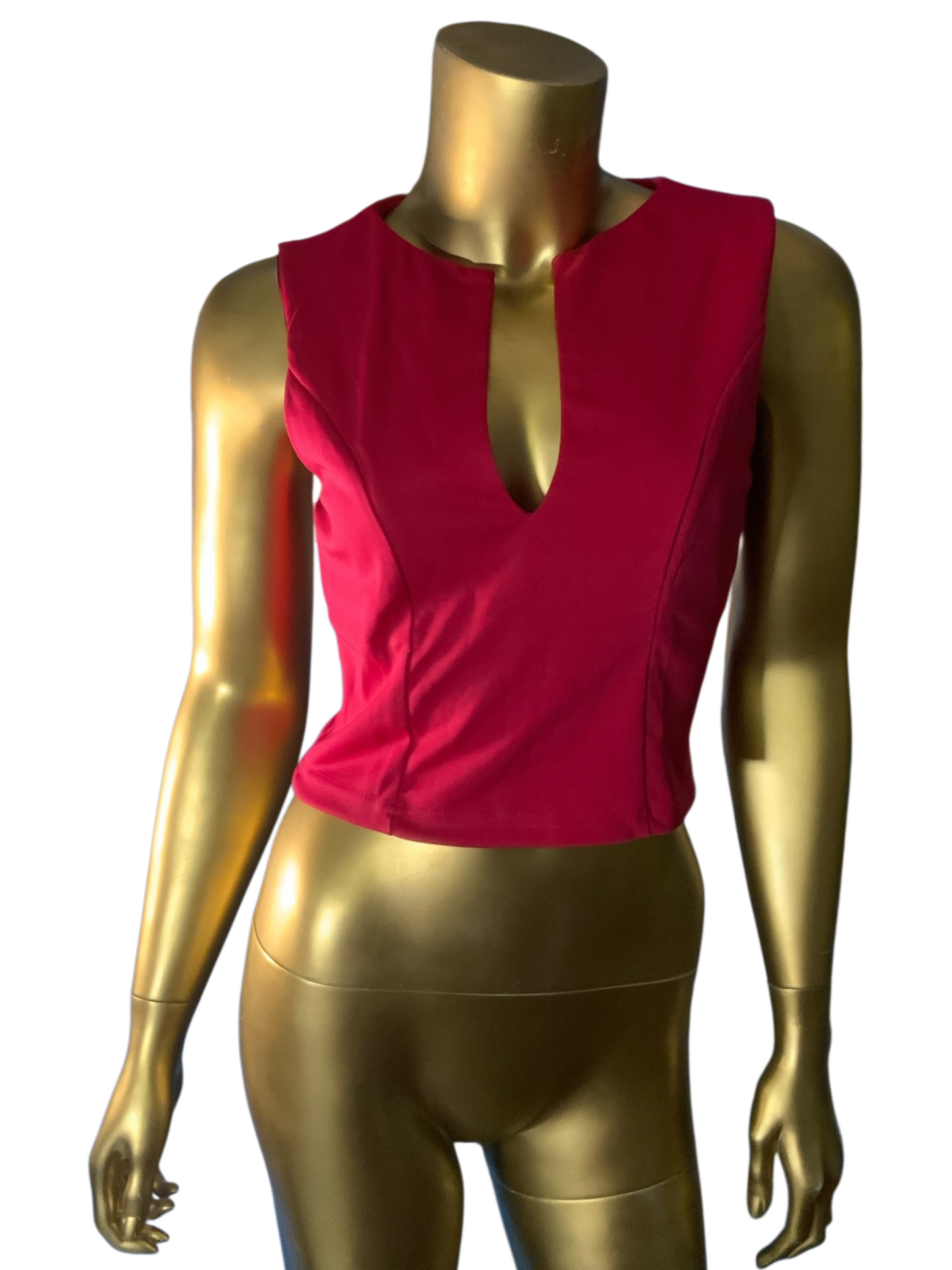 GOSMINA Women's Deep Pink Sleeveless Notched Neck Fitted Cropped Tank Top