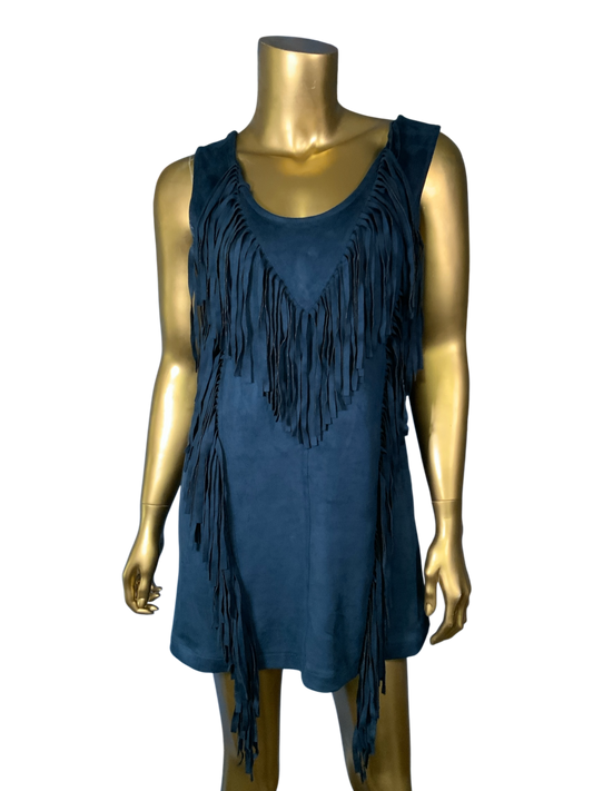 Blue Suede Mini Dress Fringe Size S