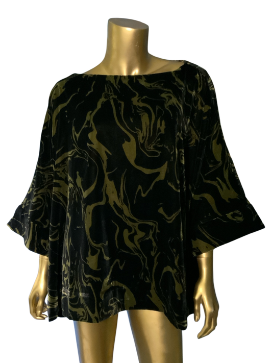 Carla Rockmore Collection Black and Gold Swirl Printed Velvet Wide Neck Slouch Top