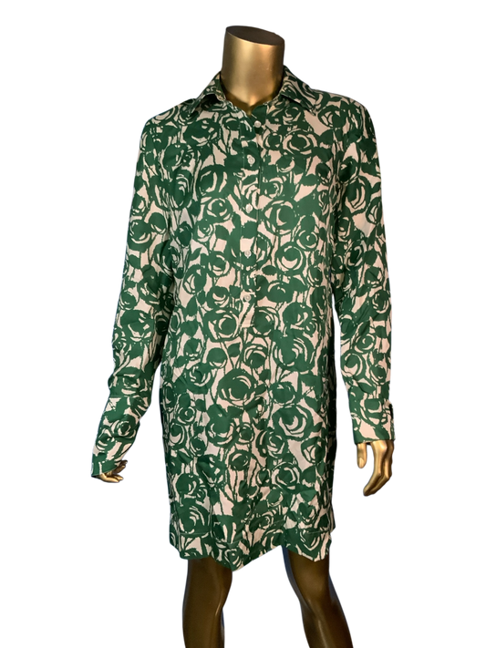 Banana Republic Green & White Abstract Floral Button-Up Shirt Dress
