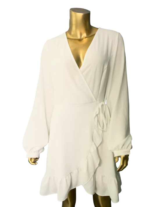 Altar'd State Wide Long Sleeve V-Neck Ruffle Mini Dress White