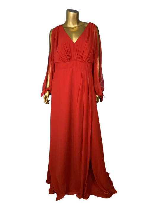 Azazie Chiffon V-Neck Long Sleeve Floor-Length Red Dress