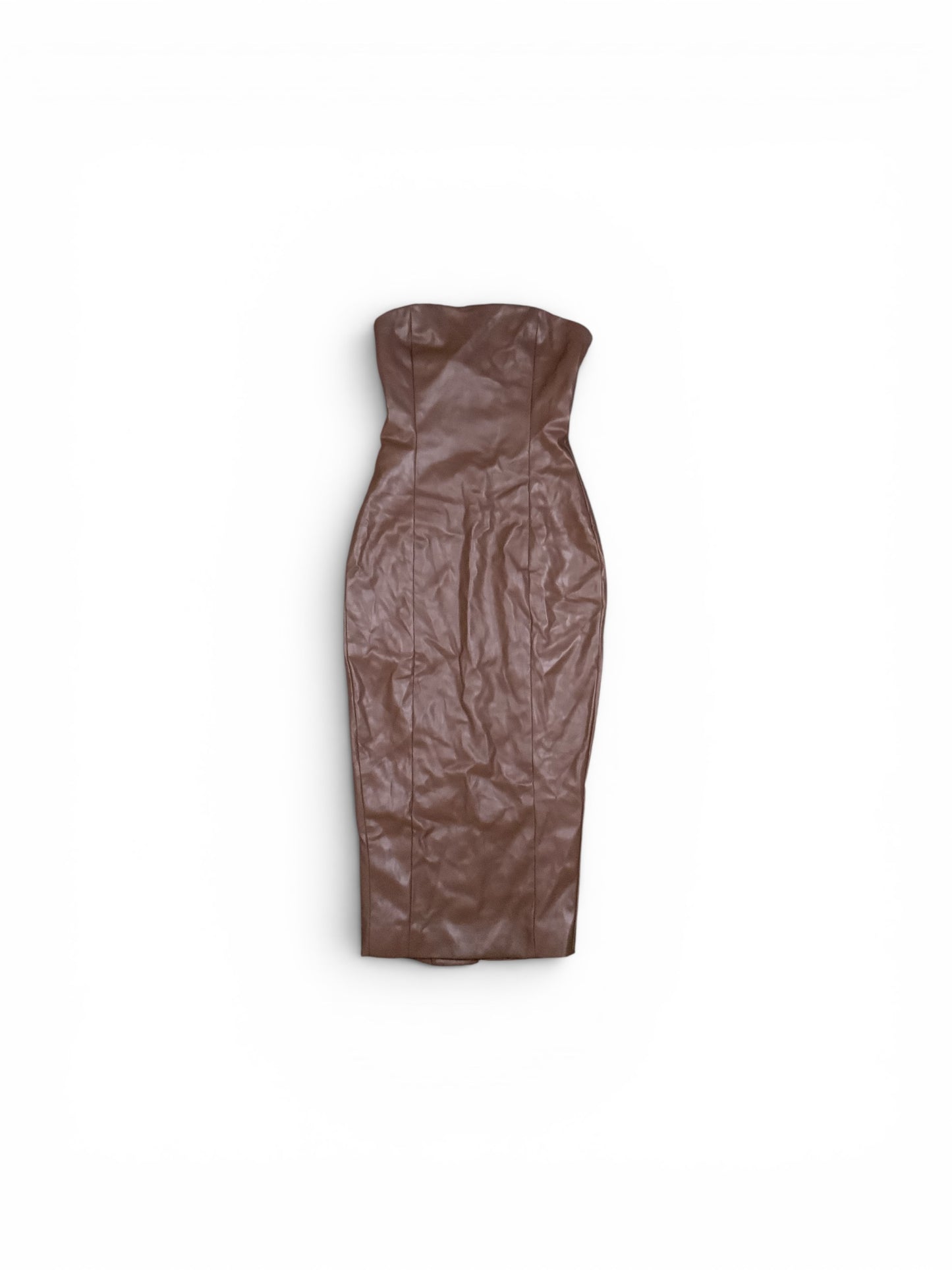Meshki Brown Faux Leather Strapless Midi Dress