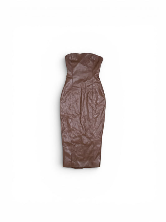 Meshki Brown Faux Leather Strapless Midi Dress
