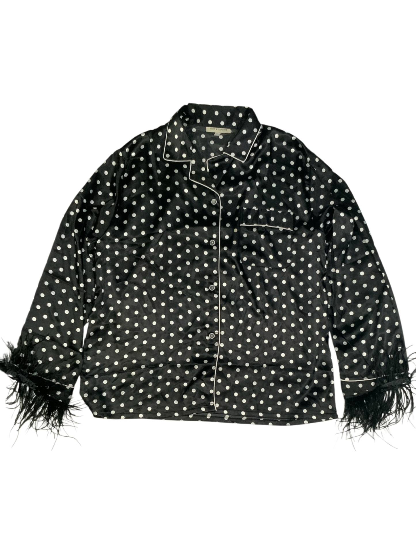 Tony & Candice Polka Dot Satin Pajama Top with Feather Trim Cuffs Size L