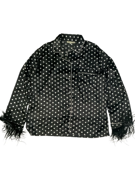 Tony & Candice Polka Dot Satin Pajama Top with Feather Trim Cuffs Size L