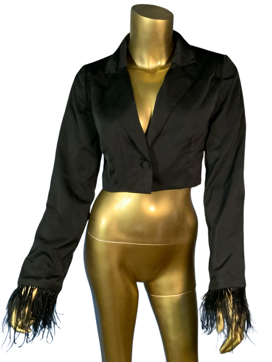 Cotton Candy LA Black Cropped Blazer with Feather Cuffs