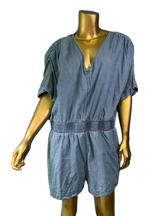 Women's V-Neck Denim Romper Blue