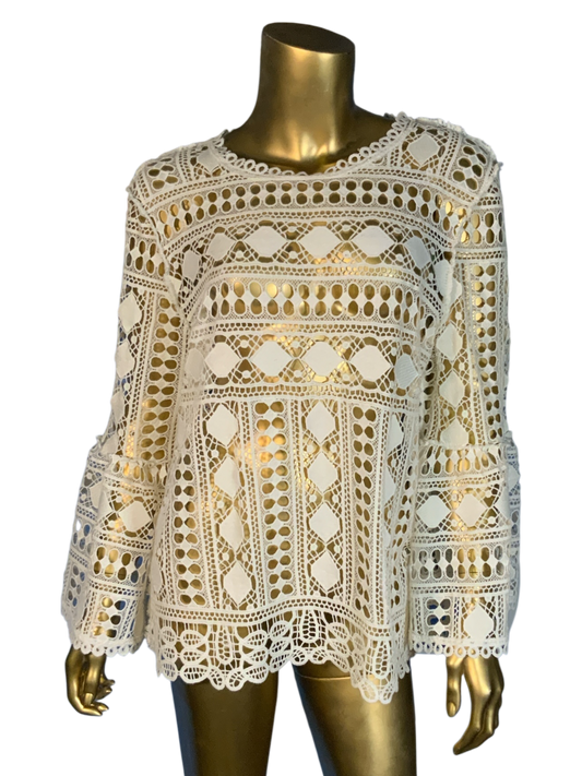 Ellison White Boho Lace Crochet Bell Sleeve Blouse