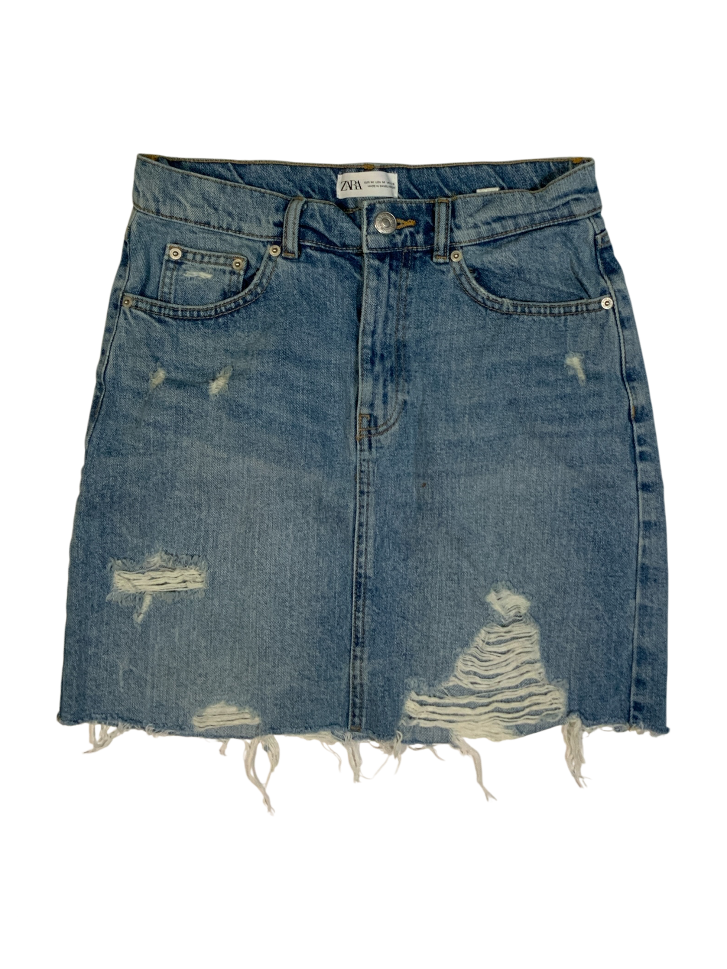 Zara Medium Blue Distressed Denim Mini Skirt with Raw Hem