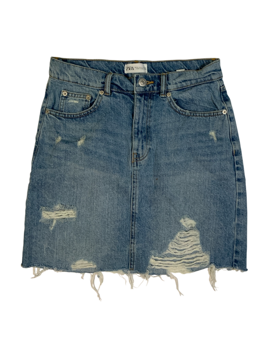 Zara Medium Blue Distressed Denim Mini Skirt with Raw Hem