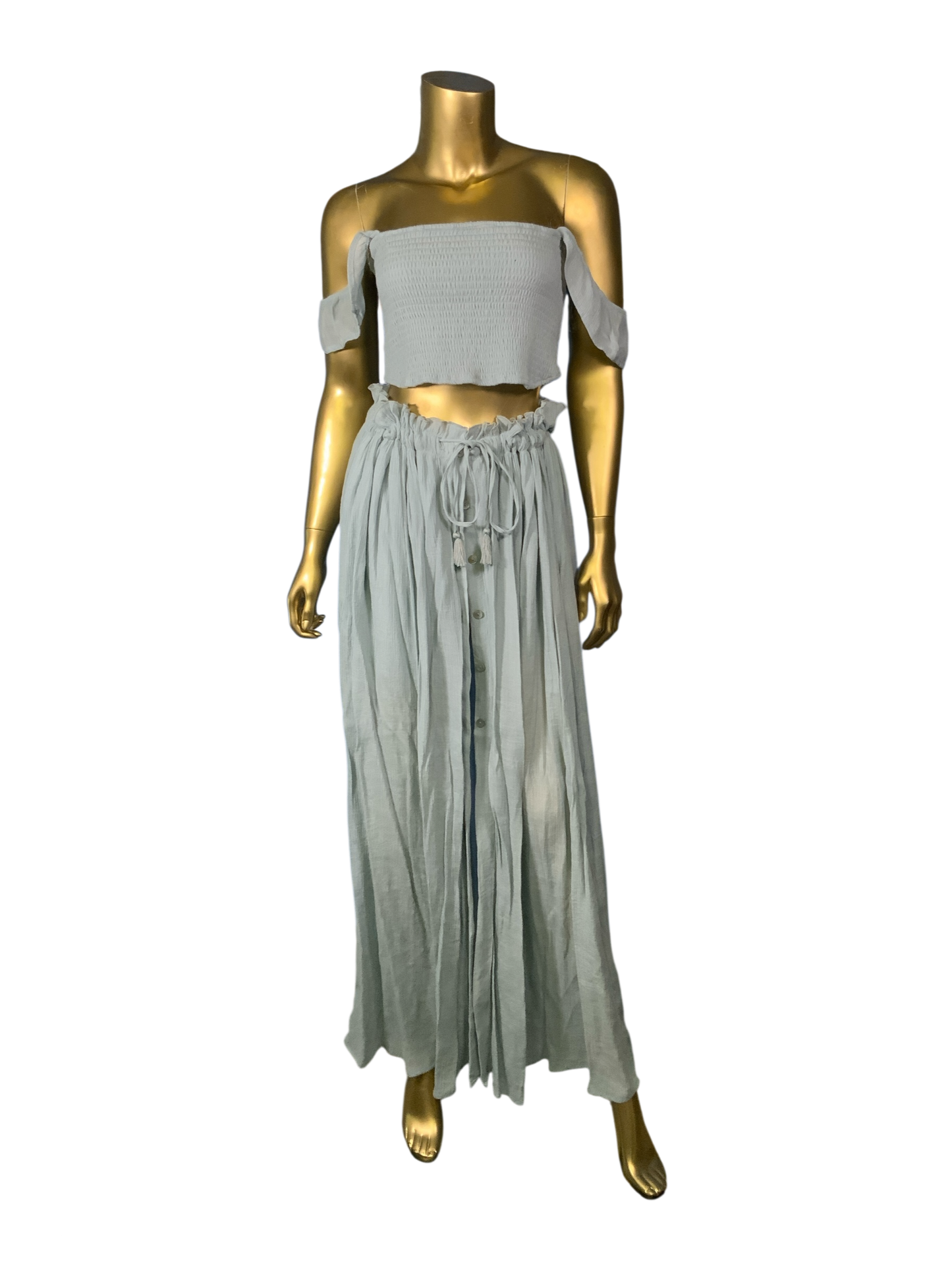 H.Y.F.V.E Baby Blue Textured Set Off Shoulder Top & Adjustable Skirt