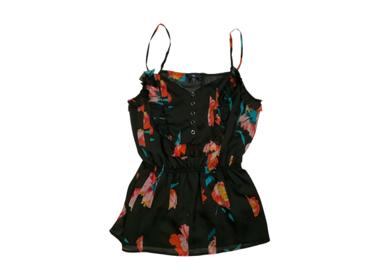 GAP Black Floral Babydoll Cami Top With Ruffles and Gathered Waist