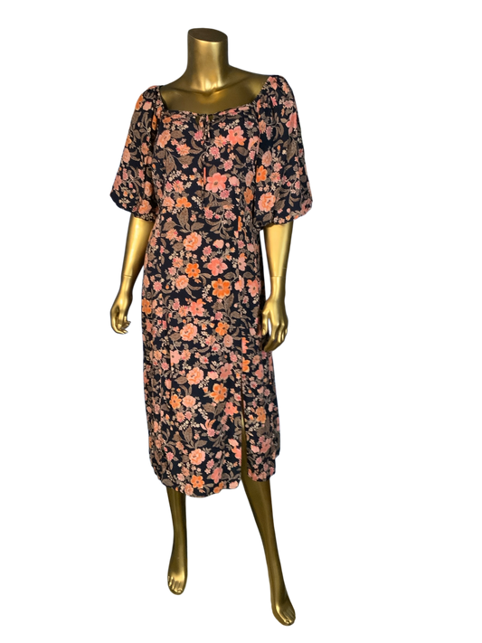 Old Navy Black Floral Puff Sleeve Smocked Midi Dress