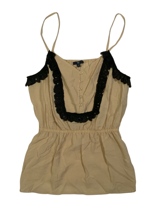 Gap Beige Cami Tank Top With Black Ric-Rac Lace Trin and Button Detail