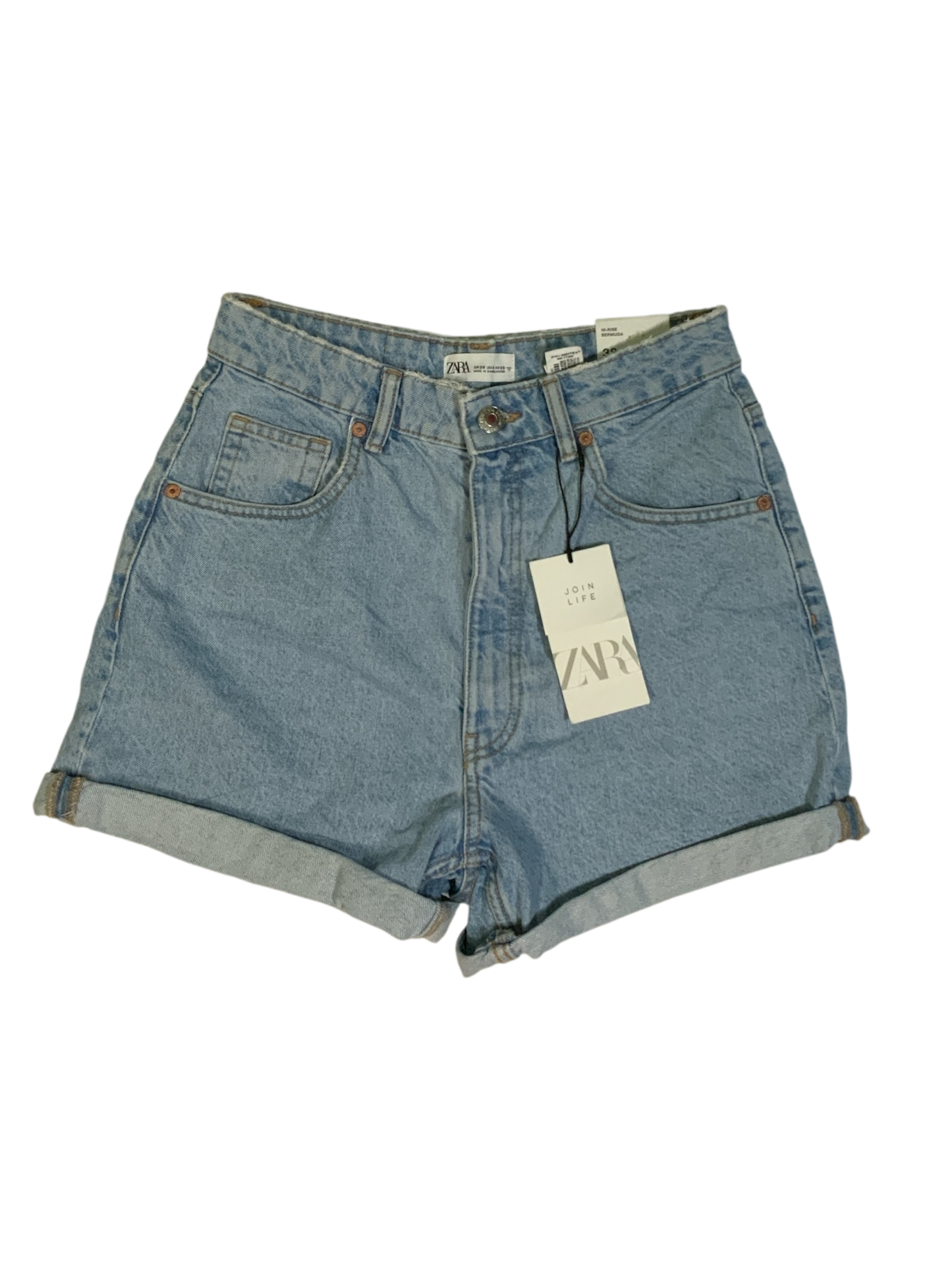 Zara Hi-Rise Rolled Cuff Denim Bermuda Shorts Mom Fit Size 6