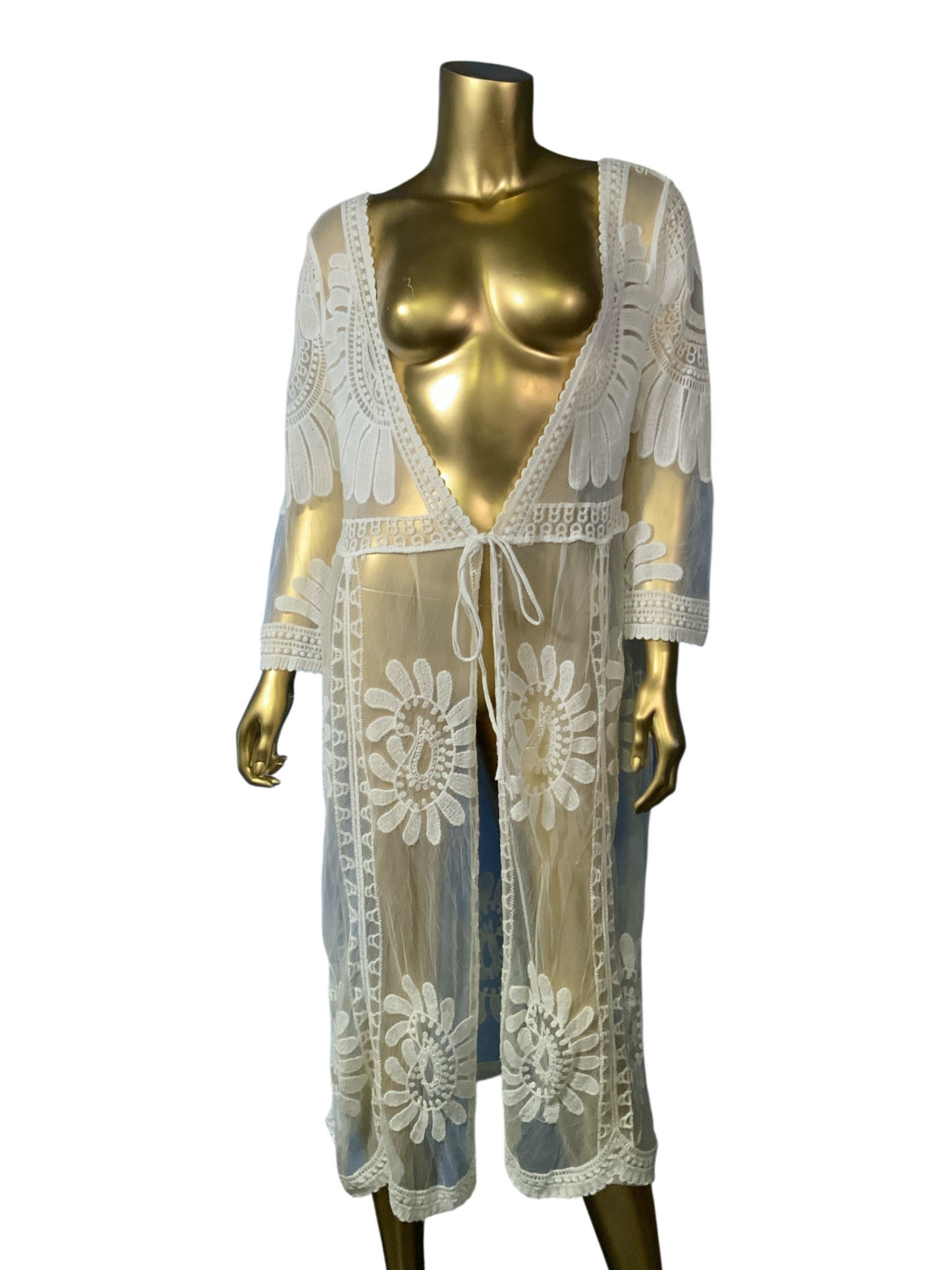 Dizzire White Lace Floral Embroidered Sheer Kimono Cover Up Size L