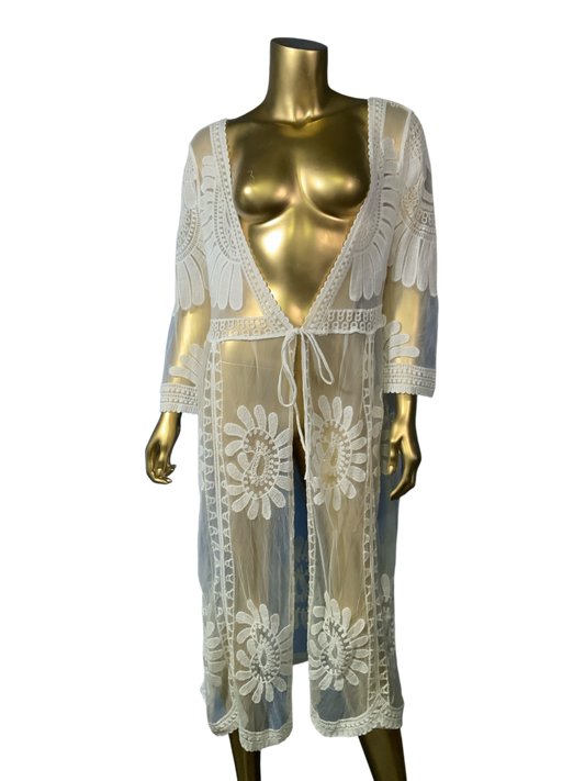 Dizzire White Lace Floral Embroidered Sheer Kimono Cover Up Size L