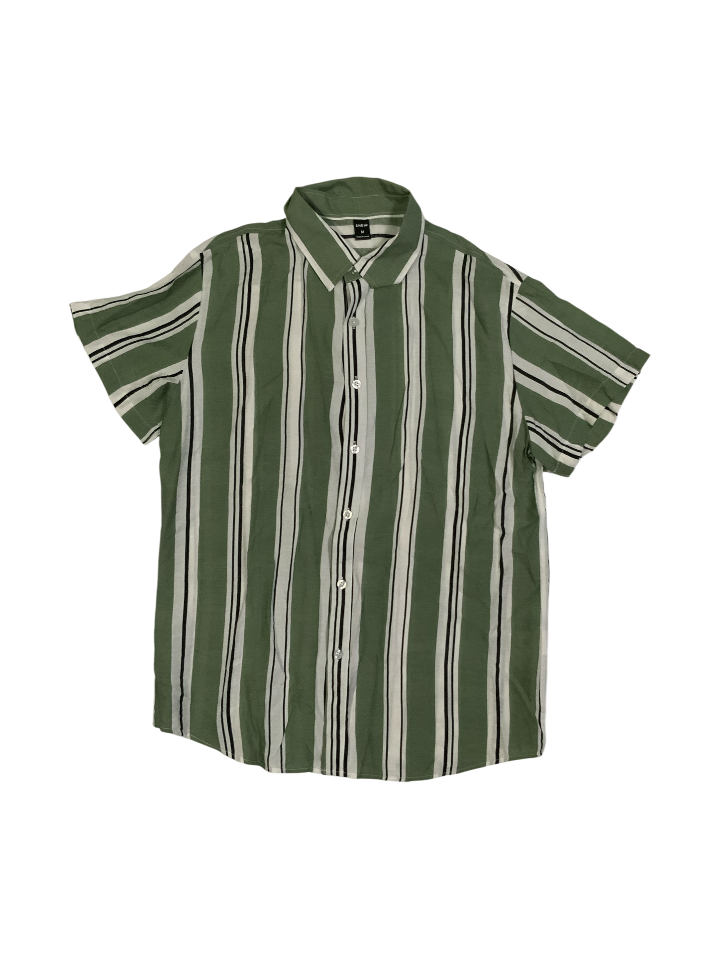 SHEIN Men's Green and White Vertical Striped Short Sleeve Button Up Shirt