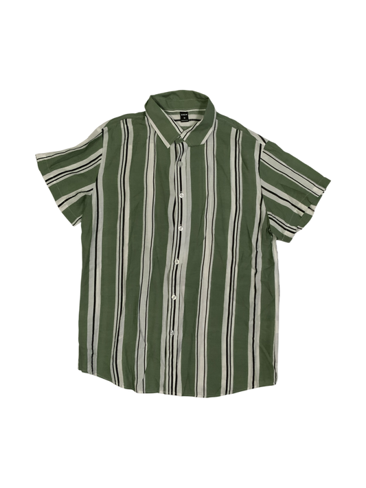 SHEIN Men's Green and White Vertical Striped Short Sleeve Button Up Shirt