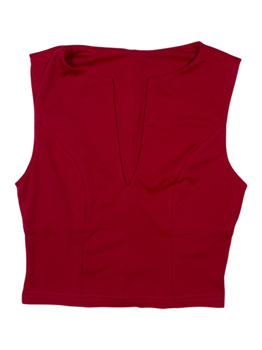 GOSMINA Women's Deep Pink Sleeveless Notched Neck Fitted Cropped Tank Top