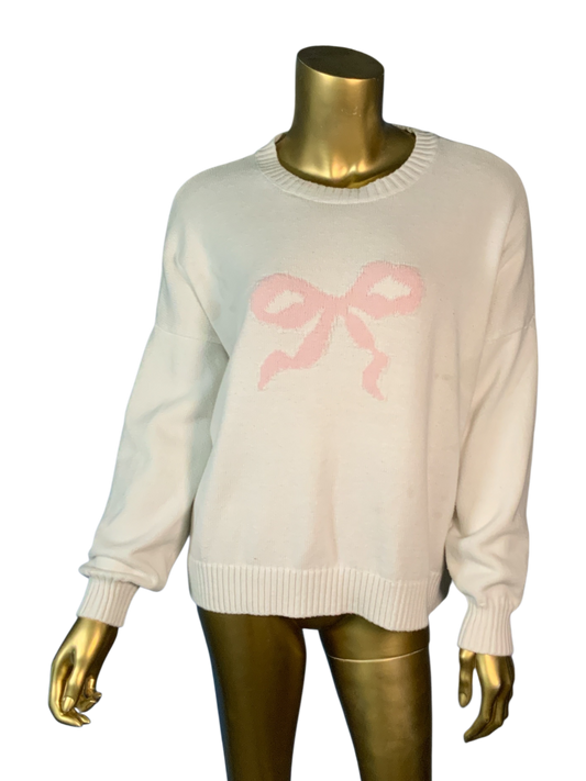 Hollister White Crewneck Knit Sweater with Pink Bow Graphic