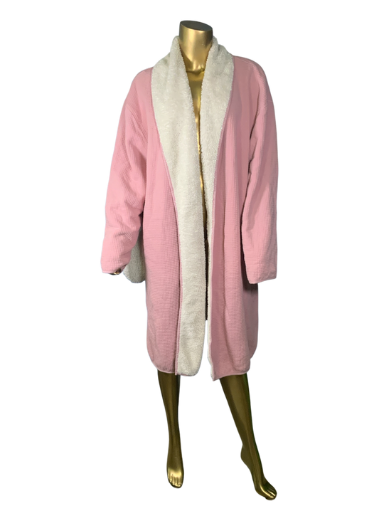 UGG Women's Pink and White Plush Fleece Waffle Texture Bathrobe